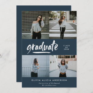Modern navy blue script 4 photo stylish graduation invitation