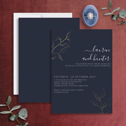 Modern Navy Blue Script Botanical Wedding Gold  Foil Invitation