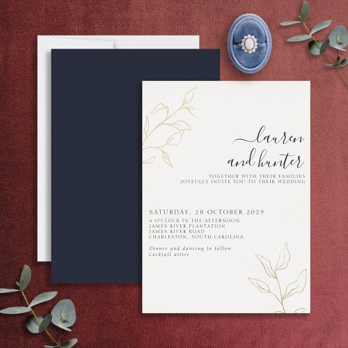 Modern Navy Blue Script Botanical Wedding Gold  Foil Invitation