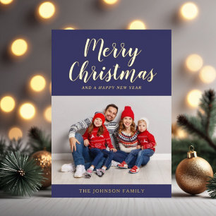 Modern Navy Blue Script Christmas Photo Gold Foil Holiday Card