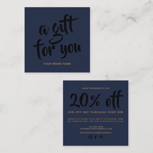 Modern navy blue script coupon discount card