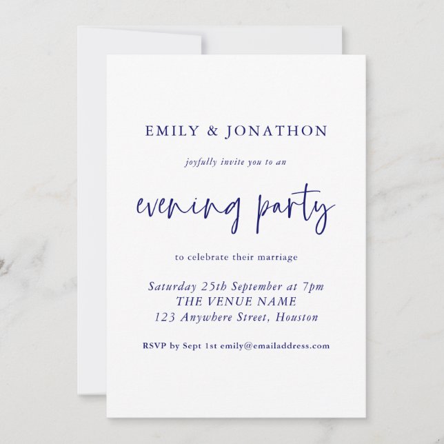 Modern Navy Blue Script Evening Party Wedding Invitation (Front)