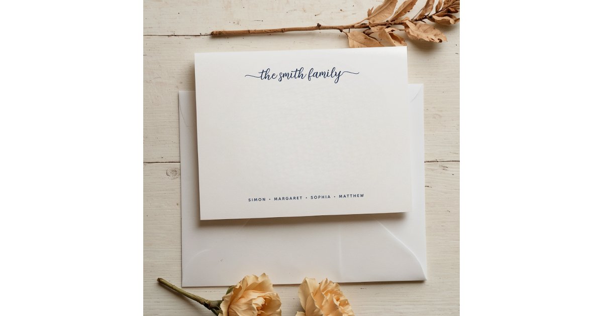 Modern Navy Blue Script Family Stationery Note Card | Zazzle
