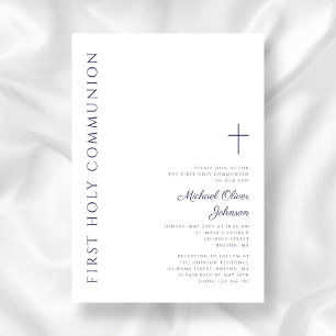 Modern Navy Blue Script First Holy Communion Invitation
