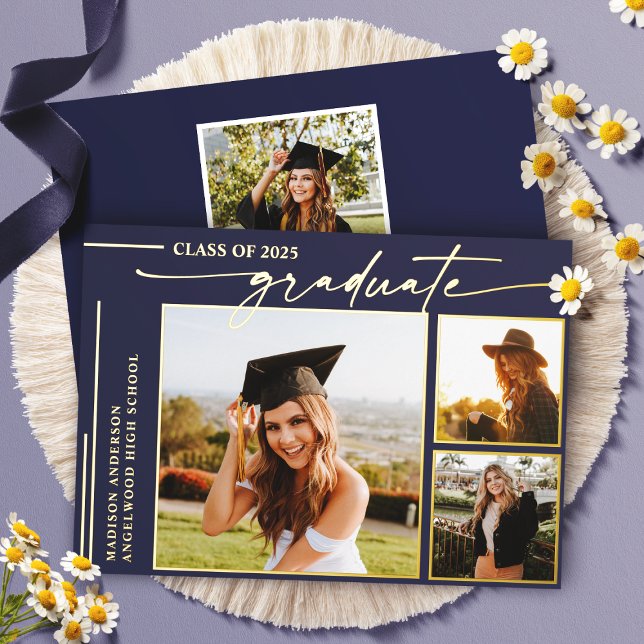 Modern Navy Blue Script Graduate Photo Graduation Foil Invitation (Creator Uploaded)
