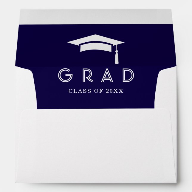 Modern Navy Blue Script Graduation Cap Invitation Envelope (Back (Bottom))