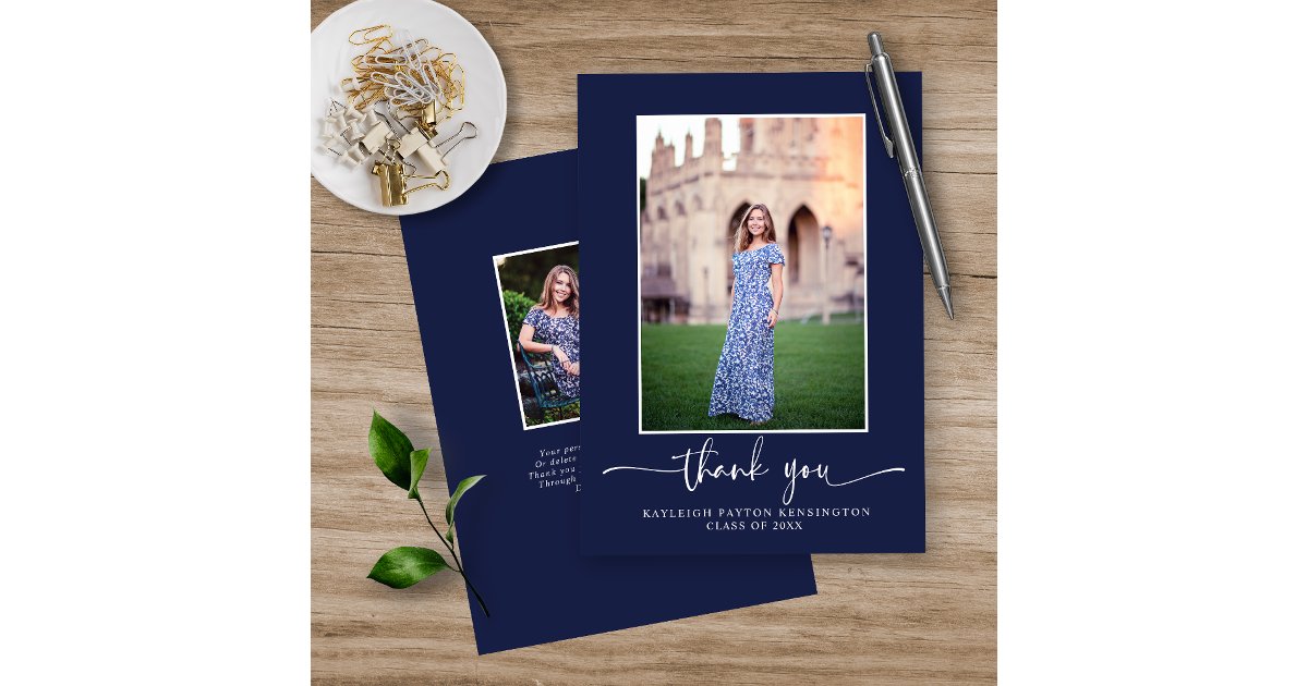 Modern Navy Blue Script Graduation Photo Thank You Card | Zazzle