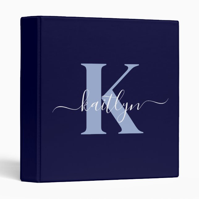 Modern Navy Blue Script Monogram 3 Ring Binder (Front/Spine)