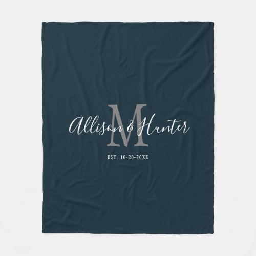 Modern Navy Blue Script Monogram Couples Fleece Blanket