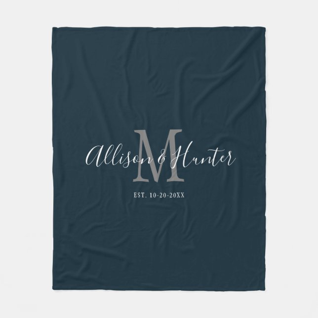 Modern Navy Blue Script Monogram Couples Fleece Blanket (Front)