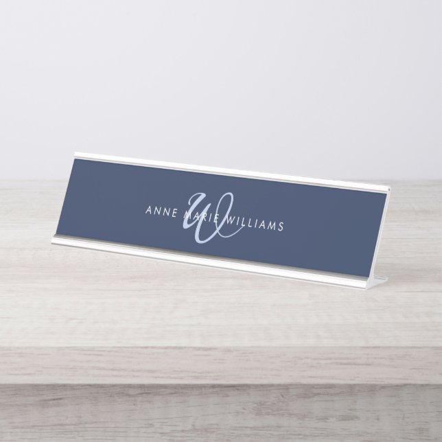 Modern Navy Blue Script Monogram Desk Name Plate (Front)