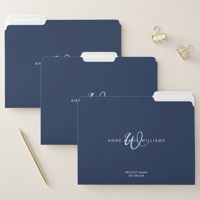 Modern Navy Blue Script Monogram File Folder (Set)