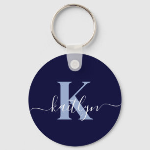 Modern Navy Blue Script Monogram Keychain