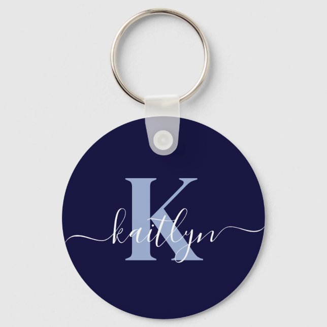 Modern Navy Blue Script Monogram Keychain (Front)