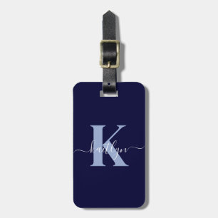 Modern Navy Blue Script Monogram Luggage Tag