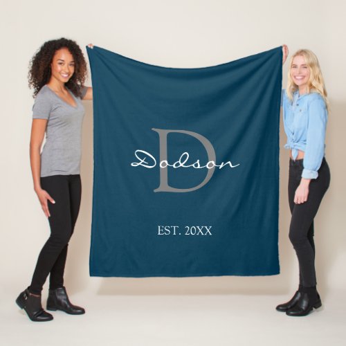 Modern Navy Blue Script Monogram Name Fleece Blanket