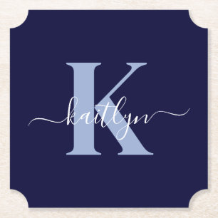 Modern Navy Blue Script Monogram Paper Coaster