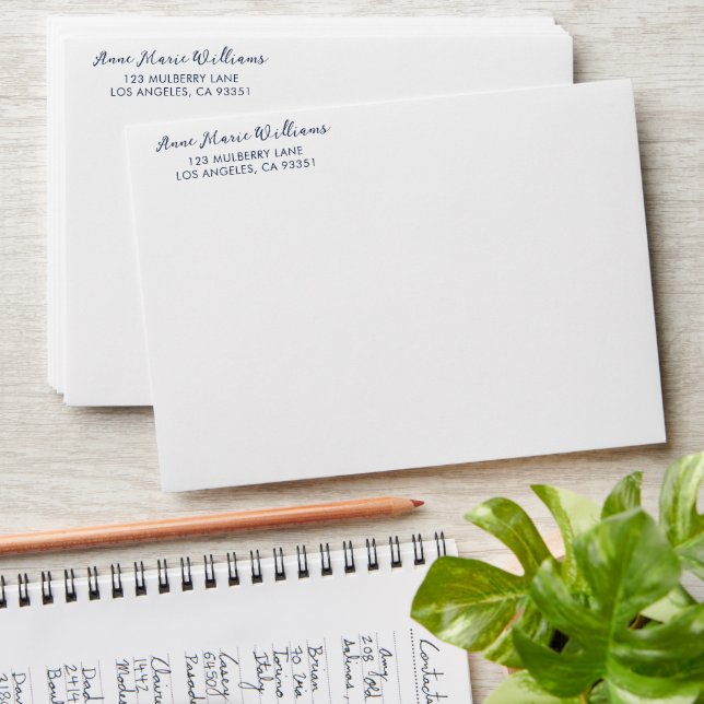 Modern Navy Blue Script Name Return Address Envelope (Stacked)