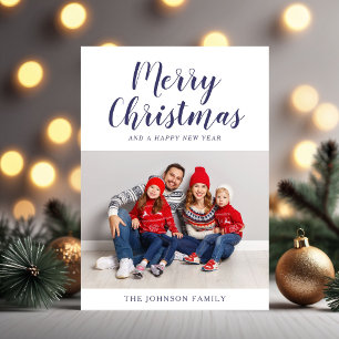 Modern Navy Blue Script Photo Christmas Holiday Card