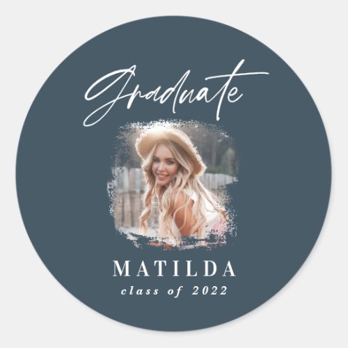 Modern navy blue script photo elegant graduation classic round sticker