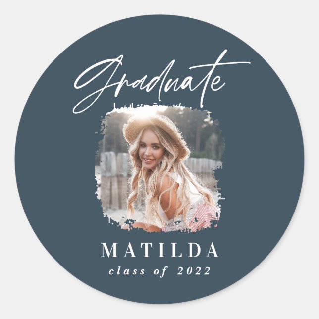 Modern navy blue script photo elegant graduation classic round sticker (Front)