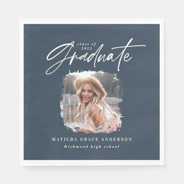 Modern navy blue script photo elegant graduation napkins (Front)