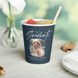 Modern navy blue script photo elegant graduation paper cups