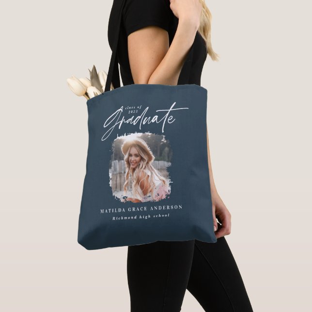 Modern navy blue script photo elegant graduation tote bag (Close Up)
