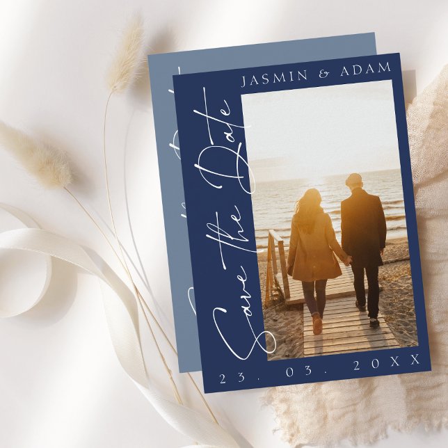 Modern Navy Blue Script Photo Save the Date (Creator Uploaded)