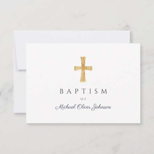 Modern Navy Blue Script Religious Boy Baptism  RSVP Card