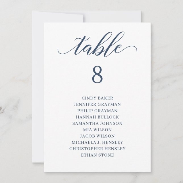 Modern Navy Blue Script Table Number Seating Chart (Front)