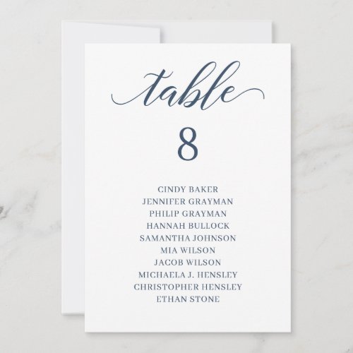 Modern Navy Blue Script Table Number Seating Chart