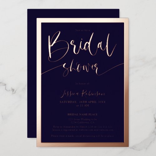Modern navy blue script trendy bridal shower rose foil invitation