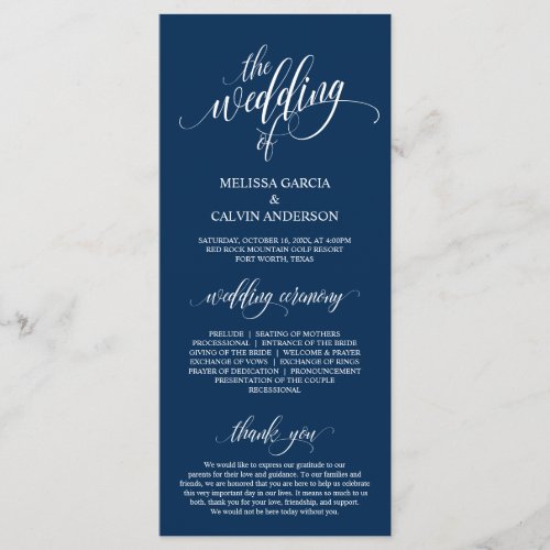 Modern Navy Blue Script Wedding Ceremony Program