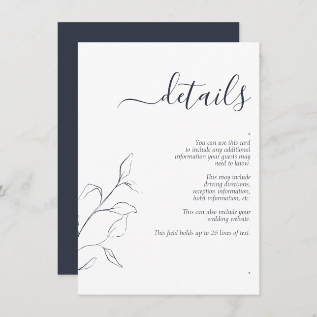 Modern Navy Blue Script Wedding Details Enclosure (Front/Back)