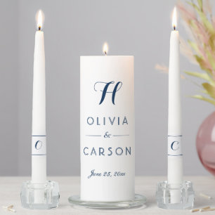 Modern Navy Blue Script Wedding Monogram Unity Candle Set