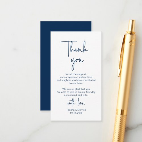 Modern Navy Blue Script Wedding Thank you Enclosure Card