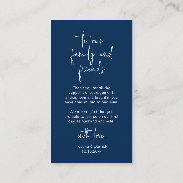 Modern Navy Blue Script, Wedding Thank you Enclosure Card (Front)