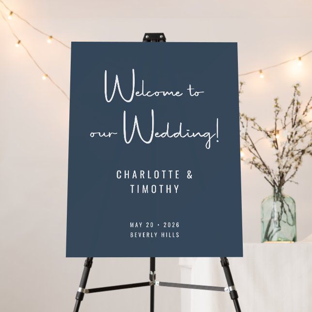 Modern Navy Blue Script Wedding Welcome Sign (In Situ (Stand))
