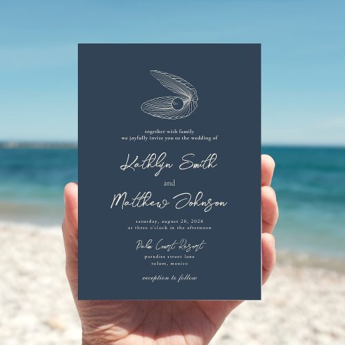 Modern Navy Blue Shell Beach Destination Wedding Invitation