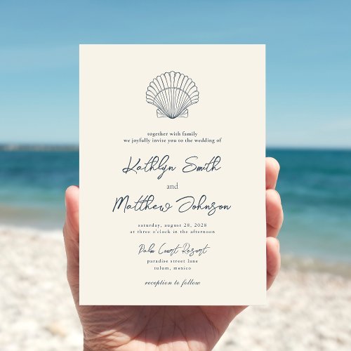 Modern Navy Blue Shell Beach Destination Wedding Invitation