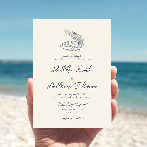 Modern Navy Blue Shell Beach Destination Wedding Invitation