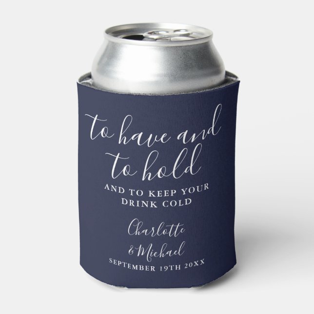 Modern Navy Blue Signature Script Wedding Can Cooler (Can Front)