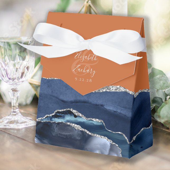 Modern Navy Blue Silver Agate Burnt Orange Favor Boxes (Creator Uploaded)