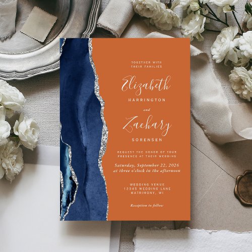 Modern Navy Blue Silver Agate Burnt Orange Wedding Invitation