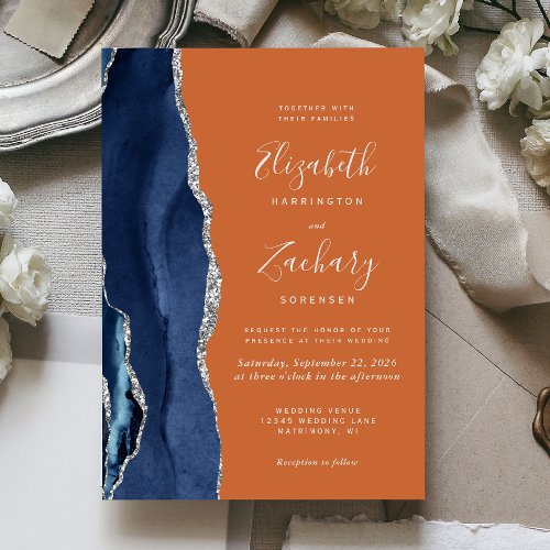 Modern Navy Blue Silver Agate Burnt Orange Wedding Invitation