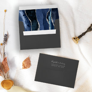 Modern Navy Blue Silver Agate Dark Wedding Envelope