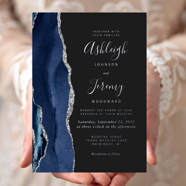 Modern Navy Blue Silver Agate Dark Wedding Foil Invitation (Creator Uploaded)
