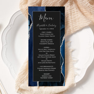 Modern Navy Blue Silver Agate Dark Wedding Menu