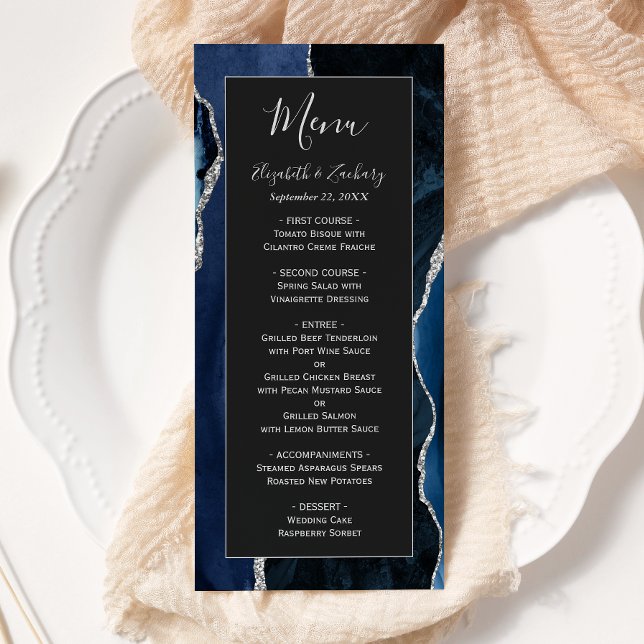 Modern Navy Blue Silver Agate Dark Wedding Menu (Creator Uploaded)